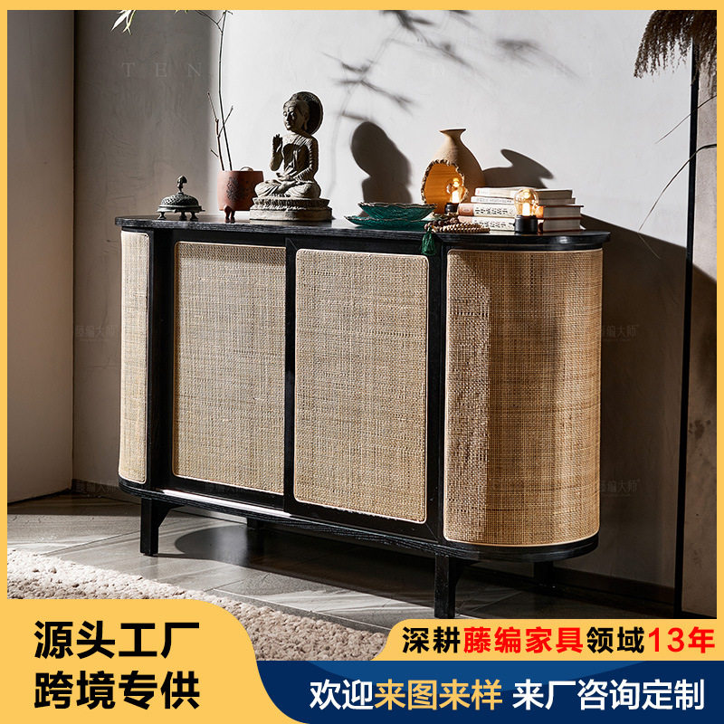 北欧实木餐边柜推拉门电视柜储物高柜现代简约藤编餐边收纳玄关柜