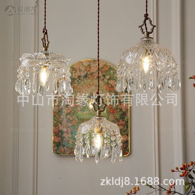 法式全铜复古轻奢水晶小吊灯过道玄关床头阳台走廊衣帽间玻璃灯具