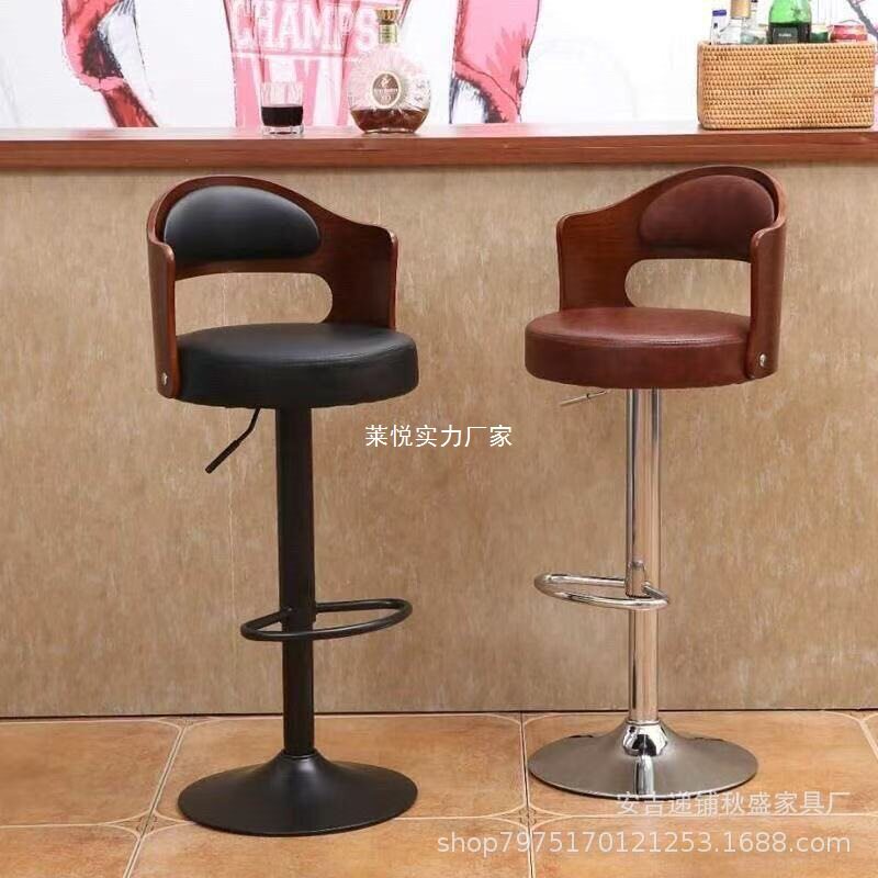 家用实木复古靠背升降旋转吧凳