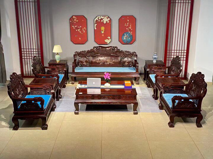 印尼黑酸枝阔叶黄檀清式拐脚花鸟沙发宝座仿古典新中式红木家具