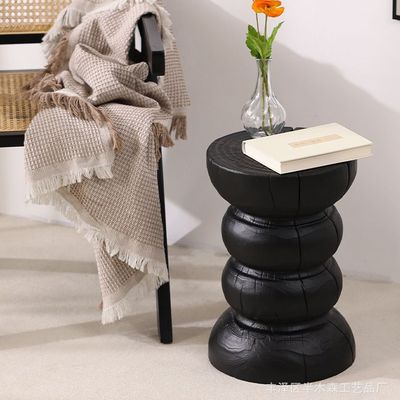 北欧碳化黑色个性设计实木墩子茶几花架底座摆件角几原木树桩边几