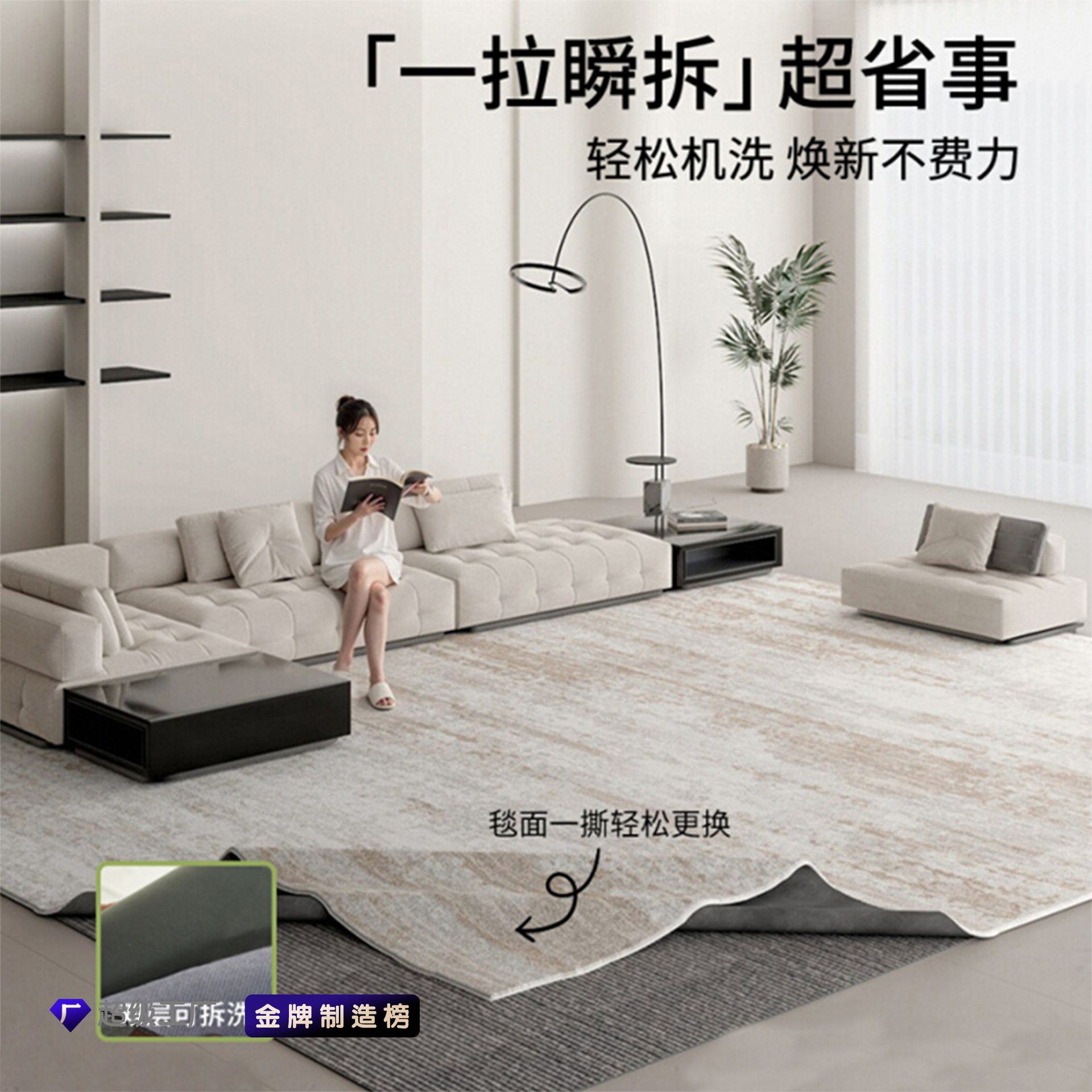 可拆洗地毯客厅卧室双层加厚可拆卸机洗水洗无胶地垫零胶水无甲醛