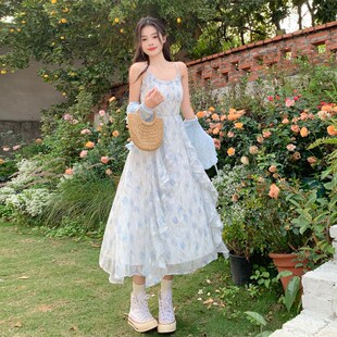 仙气海边度假长 202N4新款 法式 初恋蓝色碎花吊带连衣裙两件套夏季