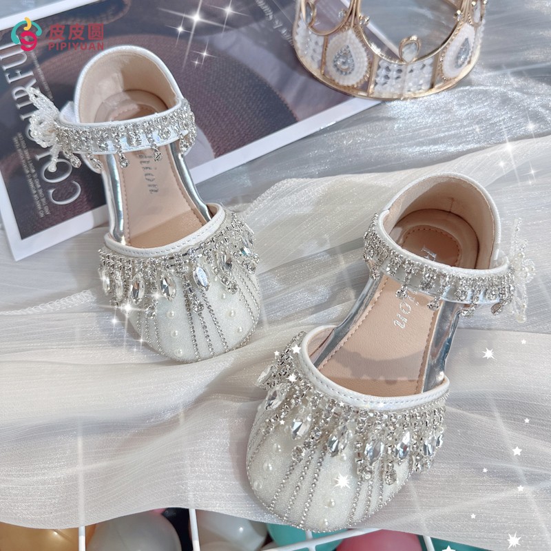 女童公主鞋小女孩水钻礼服单鞋儿童银色平跟皮鞋宝宝水晶演出鞋子