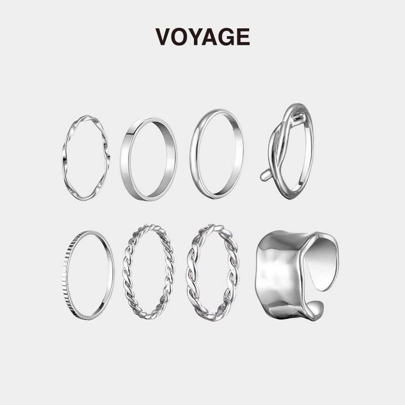 8件套素圈戒指女小众设计高级感指环食H指时尚个性冷淡风轻奢装饰