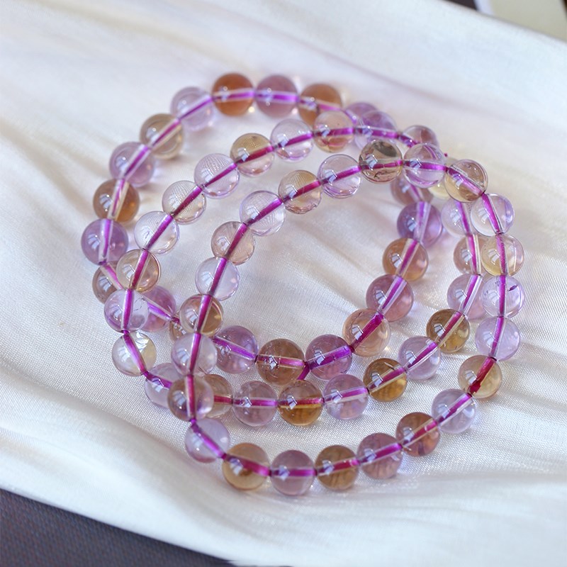 天然紫水晶圆珠手炼,女士透明紫黄同晶珠宝生日礼物