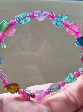 天然西瓜碧玺原石随形手链单圈手串一物一图饰品礼物情侣送女友