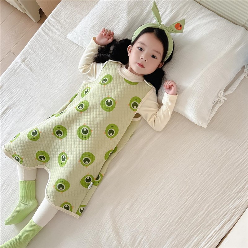 纯棉无袖睡袋春秋冬款宝宝背心式夹E棉护肚防踢被四季男女童连身