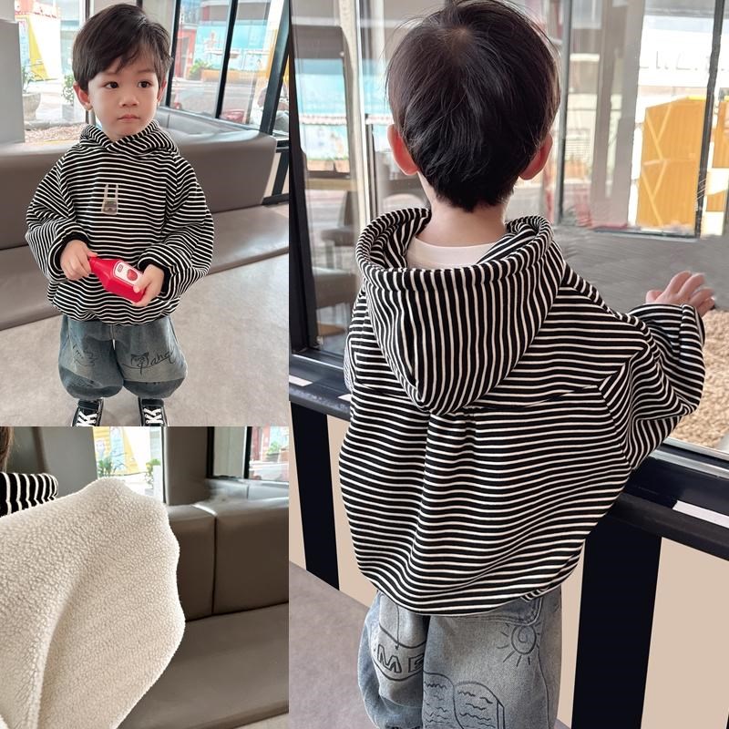 洋气百搭~男童韩版宽松条纹连帽卫衣2024秋冬款儿童加绒上衣潮
