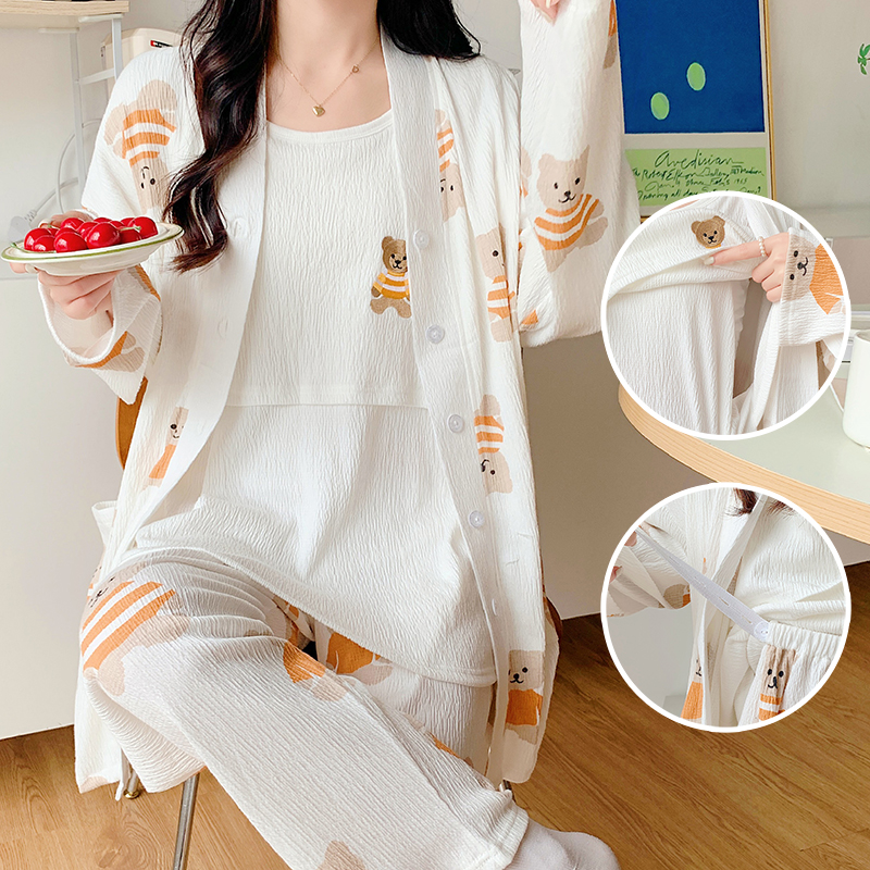 三件套月子服纯棉纱m布春秋夏季孕妇哺乳睡衣4月份5产后喂奶装大