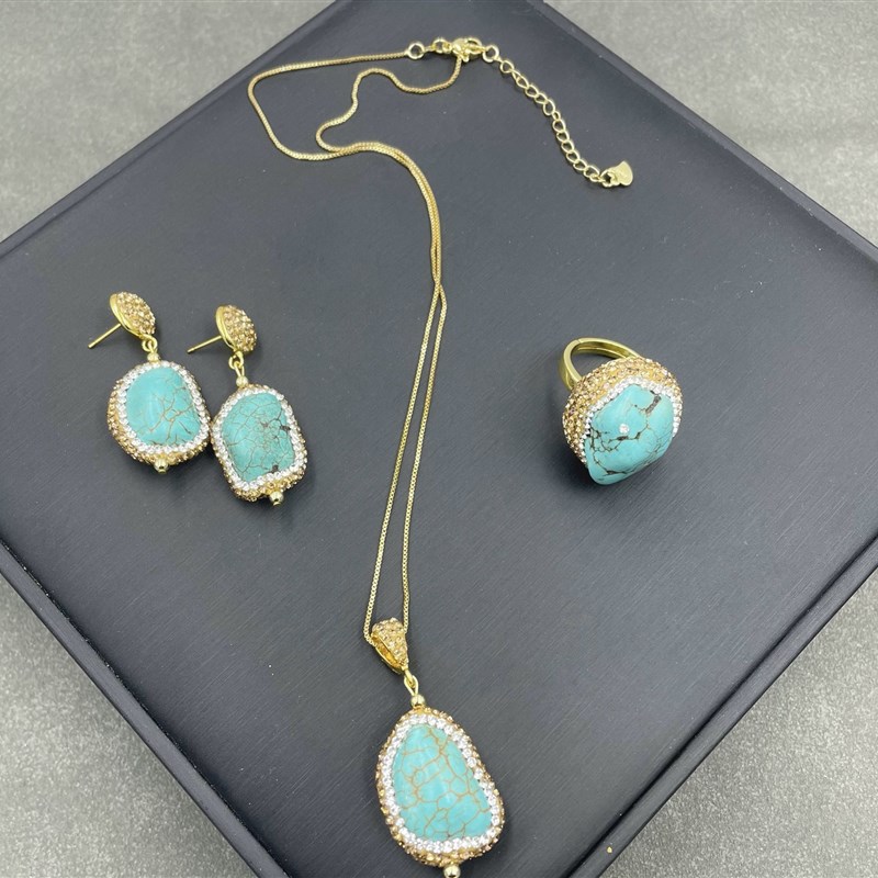不规则绿松石矿石项链耳环戒指时尚百搭气质高级感轻奢三件套