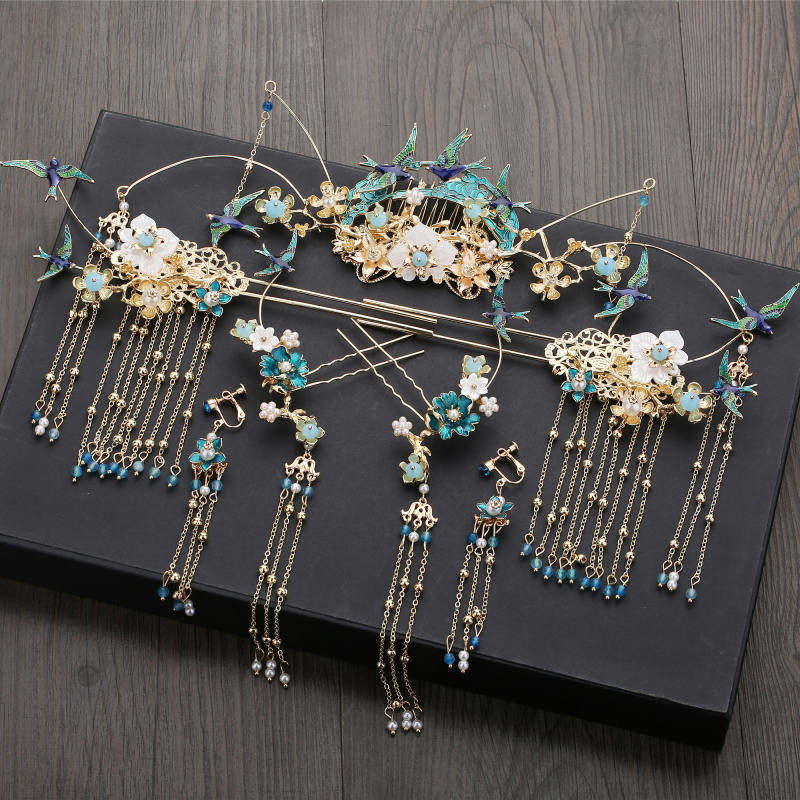 发饰装饰发梳女人婚纱照敬酒服头饰红色结婚新娘约头X戴汉朝流苏