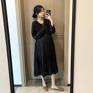 显瘦可哺乳中长Y版 时髦辣妈 韩国时尚 春秋季 黑色大摆裙 孕妇洋装