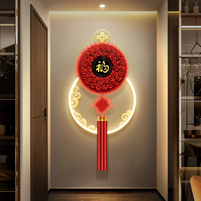 玄关福字挂画立体实物中国结走廊尽头led灯装饰画高级感发光壁画