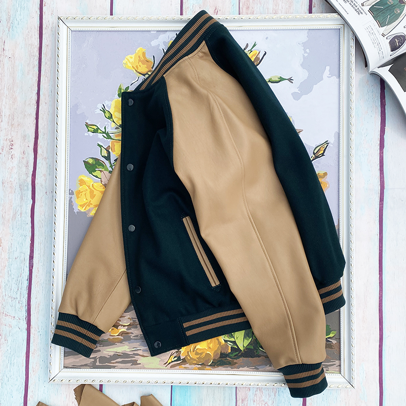 秋冬新款皮衣绵羊皮拼接毛呢棒球服男美版真皮外套宽松肥版夹克潮