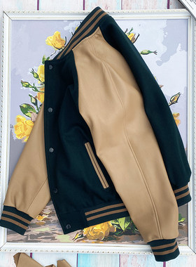 秋冬新款皮衣绵羊皮拼接毛呢棒球服男美版真皮外套宽松肥版夹克潮