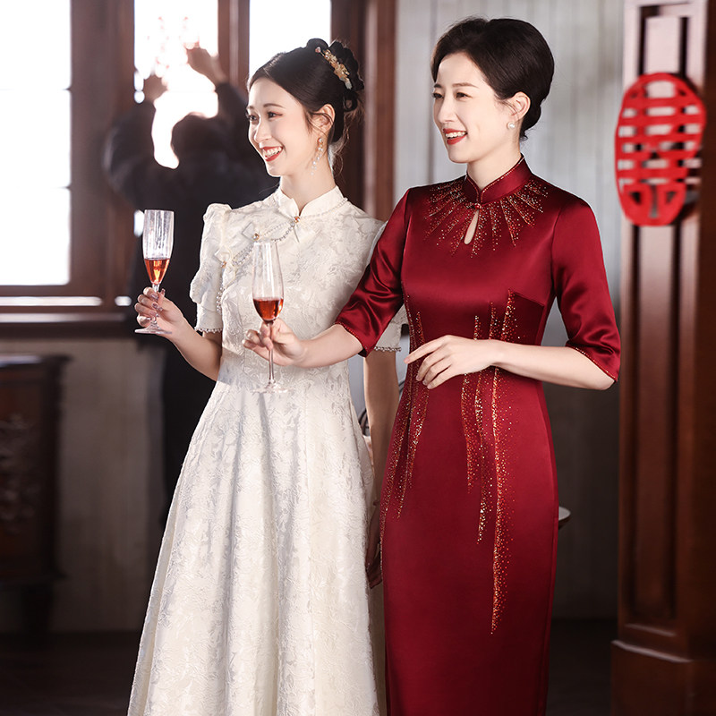 酒红色喜婆婆婚宴装2024新款新中式高贵年轻妈妈婚礼旗袍礼服夏季