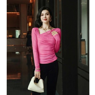 设计感法式斜肩打底上衣不对称褶皱修身显瘦长袖丝光针织衫女春秋