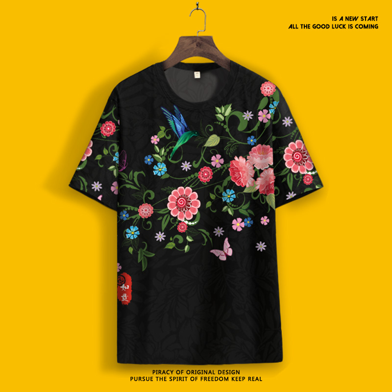 2024夏季新款短袖T恤男潮牌花卉图案小众体恤衫复古潮流冰丝半袖