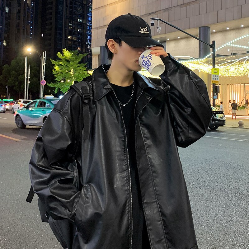 秋冬季美式PU皮衣机车服外套男生棒球服韩版宽松高街大码飞行夹克