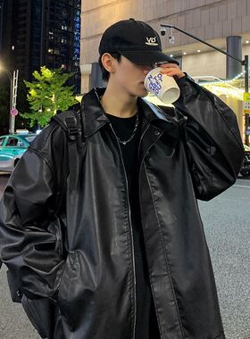 秋冬季美式PU皮衣机车服外套男生棒球服韩版宽松高街大码飞行夹克