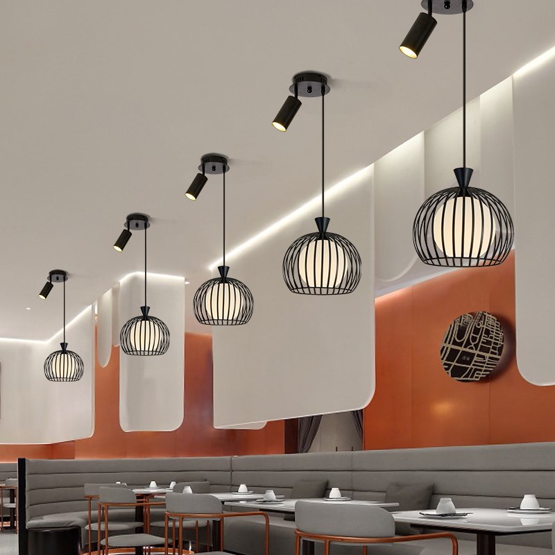 吊灯店铺商用火锅店网红r铁艺灯罩餐厅餐厅吧台带射灯饭店简约吊