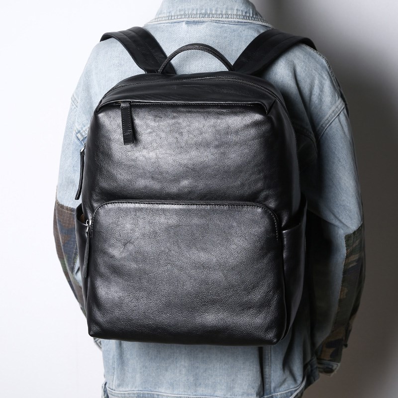 可插拉杆箱简约真皮双肩包男小号背包大容量旅行包商务通勤电脑包