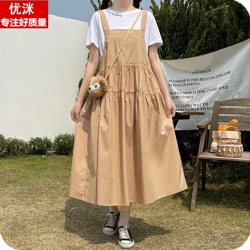 大童连衣裙夏季女孩洋气假两件中长款裙子12-15初中生宽松加大码