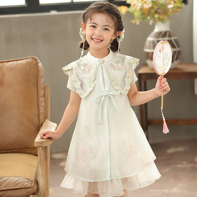 女童云肩旗袍裙2023夏季新款中国风刺绣襦裙古装仙气飘飘汉服纱裙