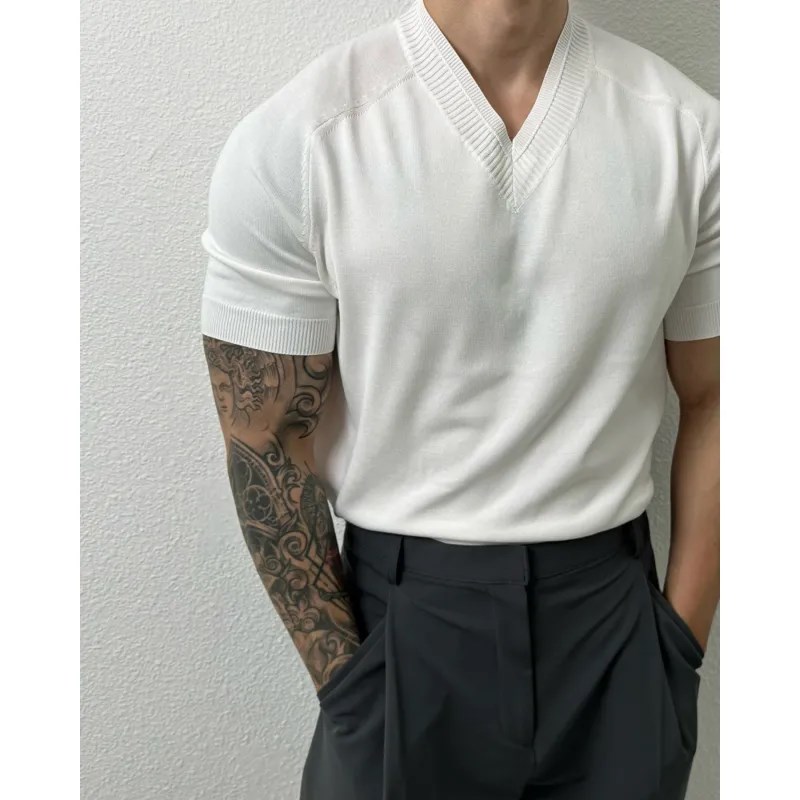 300斤大码新款v领针织衫短袖男宽松潮流百搭夏季薄款纯色休闲t恤