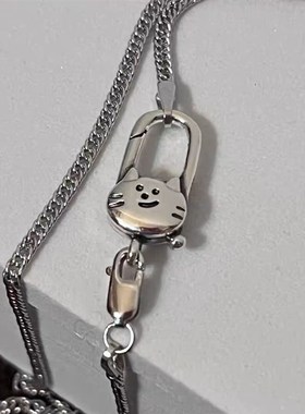 银色可爱小猫咪万能扣头搭配吊A坠项链女小众气质设计高级锁骨链