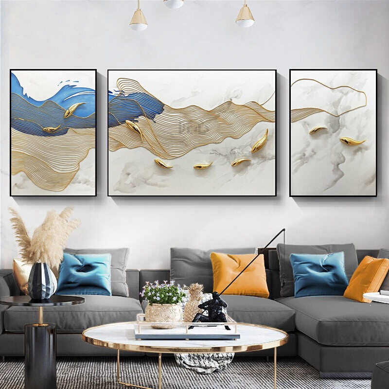手绘九鱼图抽象客厅沙发背景油画立体三联现代简约轻奢装饰挂壁画图片
