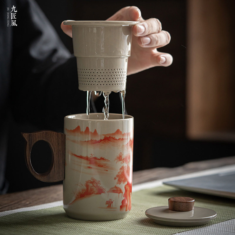 九匠风陶瓷茶水分离泡茶杯子中式个人杯木把带盖过滤水杯轻奢复古