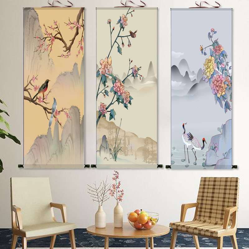 玉兰花鸟画卷轴画丝绸画绢画新中式轻奢挂画玄关装饰画国画双喜图