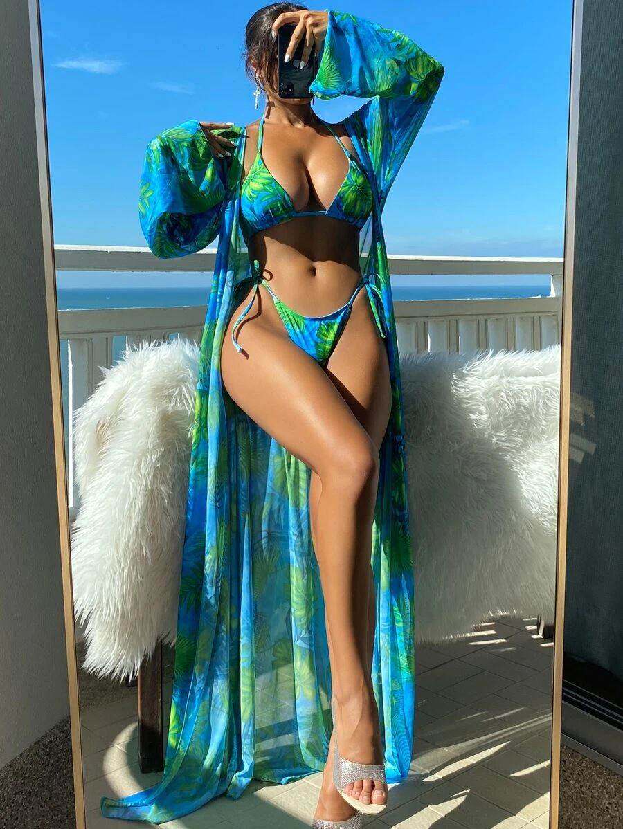 欧美性感比基尼三件套 印花绑带分体泳衣套装长款披风bikini泳装