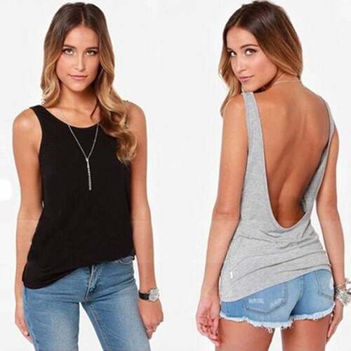 Solid Color Open Back Slim Fit Stretch Tank Top纯色露背T恤女