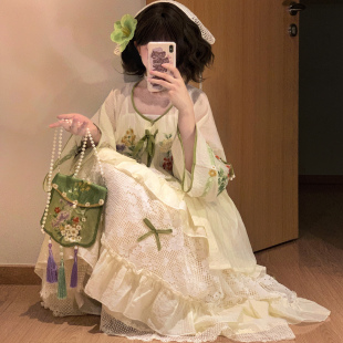 蝴蝶结蛋糕裙日常国风汉元 汉服刺绣圆领衫 素 草木有灵 双月原创