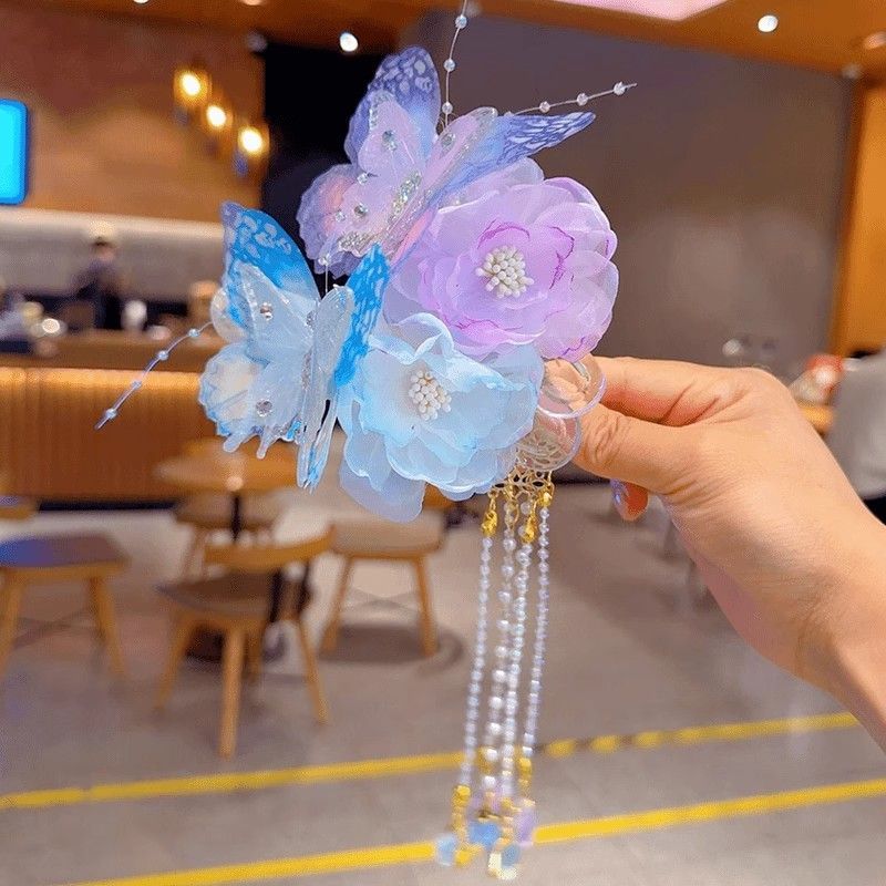 甜美发夹女头饰女童蝴蝶花朵流苏盘发抓夹2025新款儿童丸子头神器