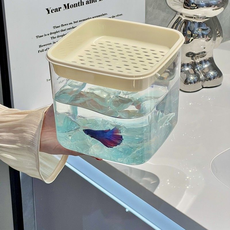 生态小鱼缸加厚泰国斗鱼盒式带漏盖桌面透明鱼缸水族创意造景箱