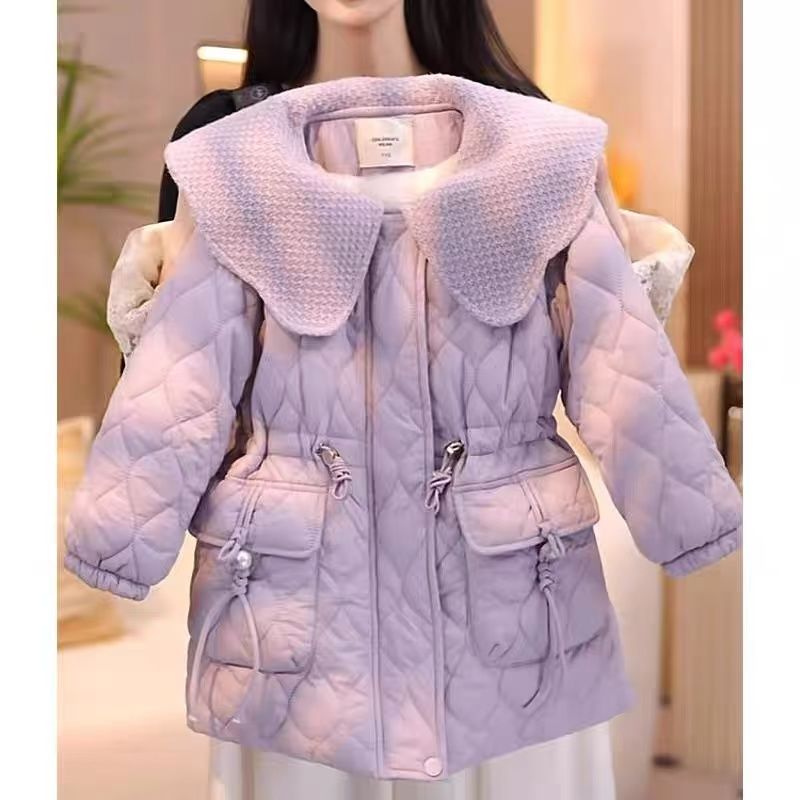 女童羽绒棉服2024冬季中长款棉衣大翻领加绒棉衣收腰抽绳保暖棉衣
