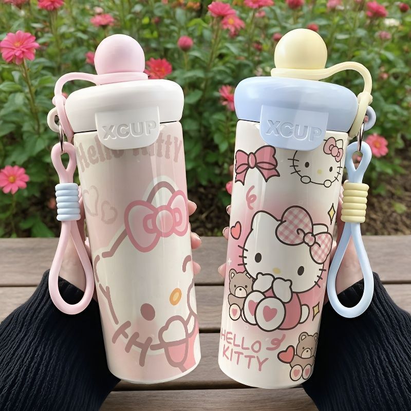 凯蒂猫Kitty316不锈钢保温杯可爱浮球吸管大容量便携咖啡卡通杯子