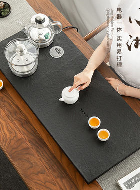 乌金石茶盘装底部上水中式石茶台全自动一体电磁炉家用功夫茶具套