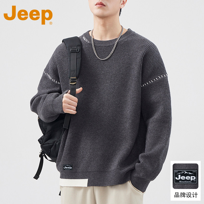 JEEP吉普灰色针织毛衣男士秋冬季2025新款毛线衣宽松上衣男款毛衫