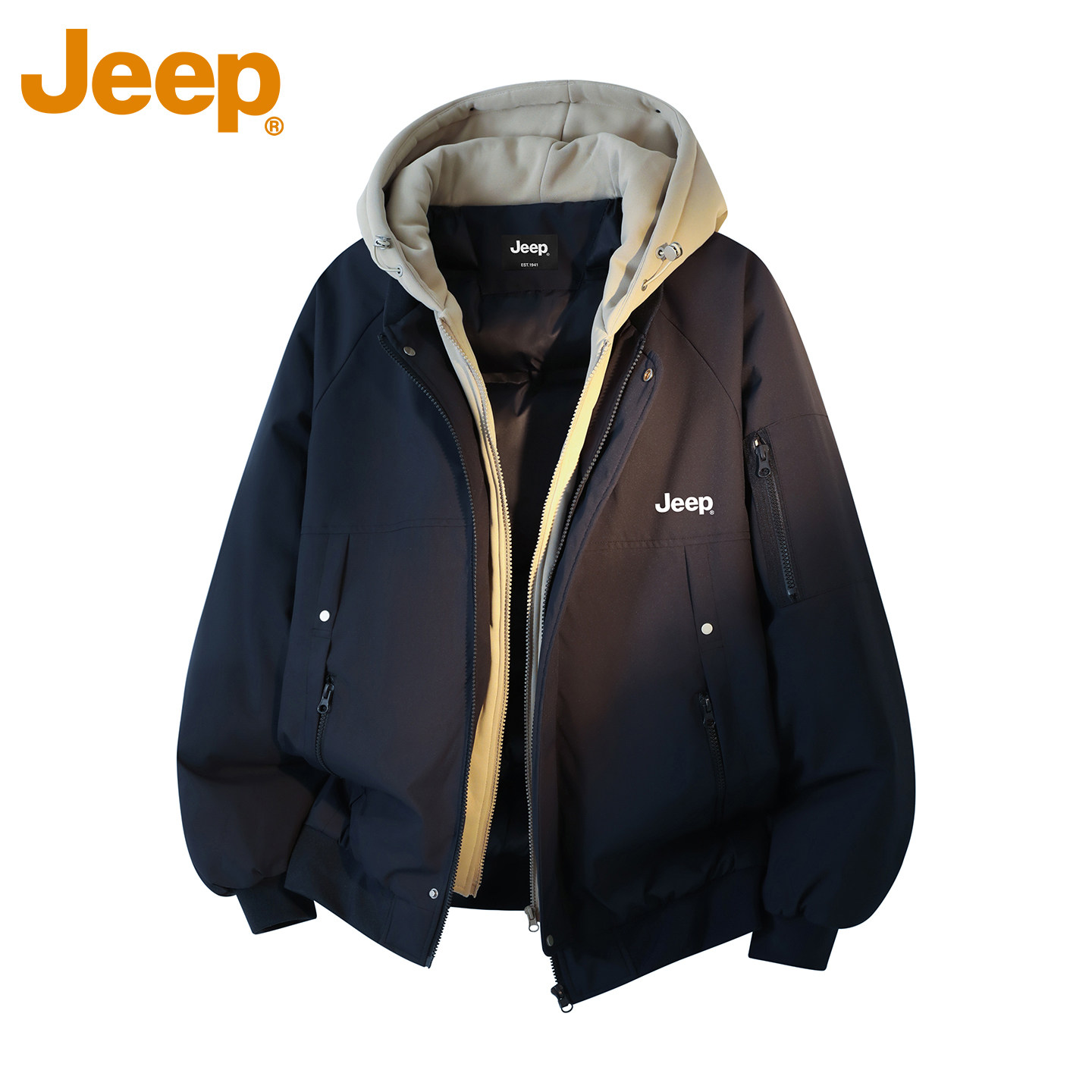 jeep吉普美式假两件连帽男士棉服冬新款加厚保暖户外滑雪工装外套