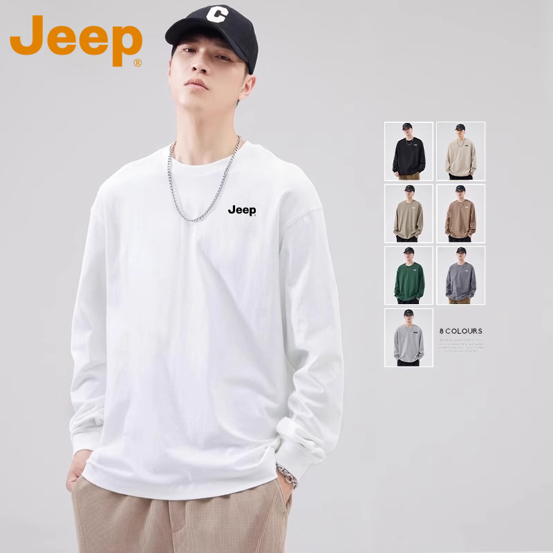 JEEP吉普纯棉长袖t恤男宽松2025新款重磅夏季薄款打底衫上衣服男