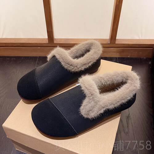 新款豆豆鞋2女冬加绒一妈妈鞋204冬季新款老人保暖鞋蹬软底防滑脚