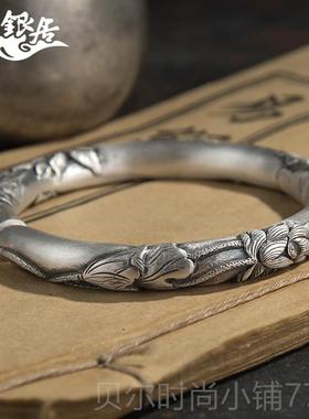 新款祥银居足说银镯手工刻圆柱复古錾哑光爱莲手.传家