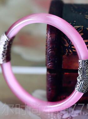 新款送女友银手妈镯925纯银猫眼石镯手女七夕礼物水晶复古泰妈银