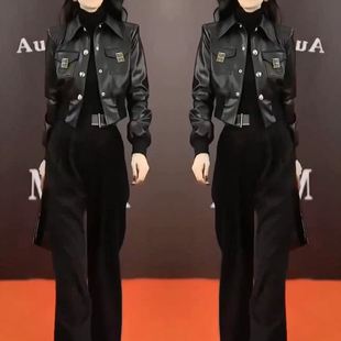 两件套新款 高腰阔腿裤 时尚 女装 短款 秋冬套装 皮衣外套欧货小个子装