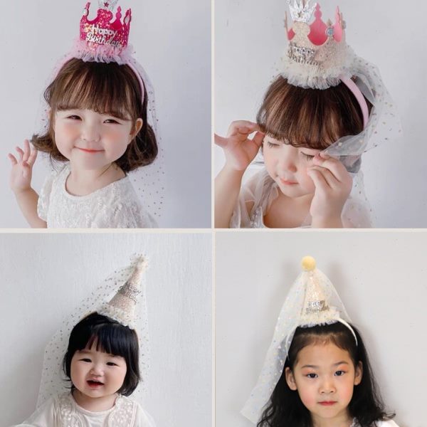 女孩网纱儿童生日帽女拍照道具头纱生日皇冠ins派对发箍带公主风